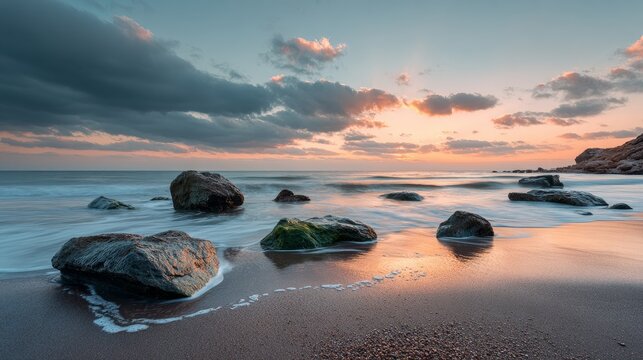 Dramatic sunset illuminates rocky beach with gentle waves lapping at shore under partly cloudy sky.