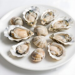 Fresh Raw Oysters and Clams on White Plate