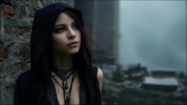 Young woman in a black gothic cloak with a hood and necklaces stands by a stone wall and gazes thoughtfully to the side against a misty ruins background
