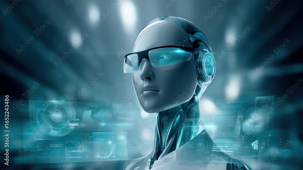 Aufkleber futuristic robot with augmented reality glasses, surrounded by floating digital interfaces and sleek