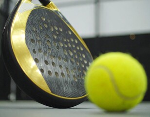 Close-up of a Padel Racket and Ball on the Court