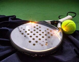 Padel Racket and Ball on a Green Court