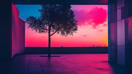 Modern building exterior, vibrant sunset, lone tree