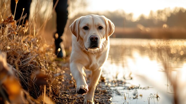 Labrador walking by lakeside in autumn sunset. National Walk Your Dog Week - Powered by Adobe