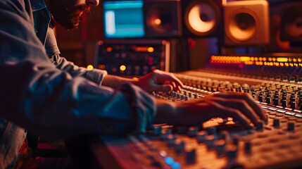 Music producer adjusting sound levels on a mixing console in a vibrant studio with colorful lights