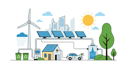 Naklejka premium Sustainable energy powering modern city life with solar, wind, and electric car charging.