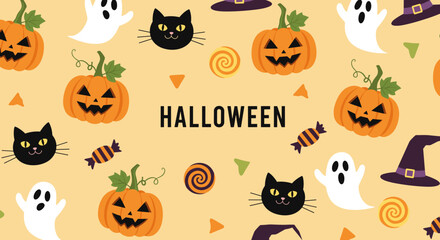 Whimsical halloween pattern with pumpkins, cats, ghosts, and candy for festive celebrations