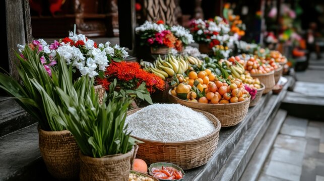 Colorful market display with fresh produce and flowers in woven baskets. World Sake Day. Pchum Ben