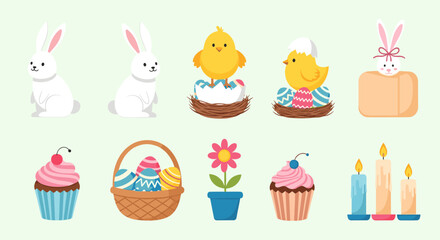 Vibrant easter collection featuring cute bunnies, chicks in nests, festive eggs, sweet cupcakes, and glowing candles.