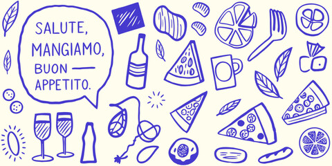 Italian-style vacation hand-drawn vector illustrations in a grunge chalk or charcoal rough doodle sketch style. Summer vacation elements in ink simple style.