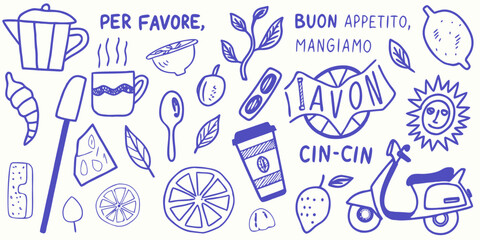 Italian-style vacation hand-drawn vector illustrations in a grunge chalk or charcoal rough doodle sketch style. Summer vacation elements in ink simple style.