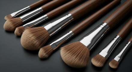 A collection of high-quality makeup brushes with dark wooden handles and soft, light brown bristles are arranged diagonally against a deep charcoal grey background