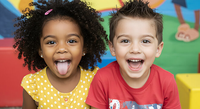 Happy children making funny faces together in colorful playground  