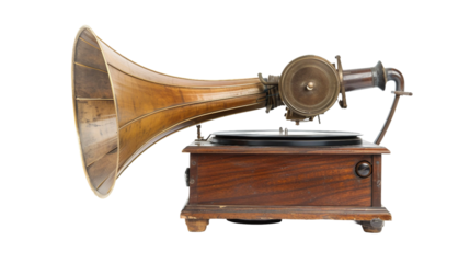 Antique Phonograph with Spinning Vinyl on white background