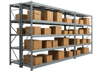 Warehouse Storage Metal Shelving Units with Cardboard Boxes isolated on transparent background