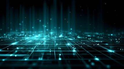 Futuristic digital network grid design with glowing teal lines and points.