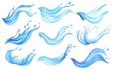 Blue Watercolor Water Splashes Dynamic Liquid Flow Illustrations