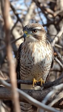 Majestic Sharp-shinned Hawk: A Close-Up Portrait in Winter Woods