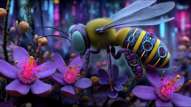 Cybernetic bee with neon patterns on its body collecting nectar from bright purple flowers in a futuristic forest
