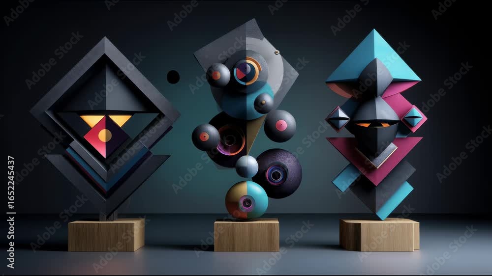 Aufkleber three abstract sculptures made of geometric shapes with spheres, cubes, and pyramids arranged in com