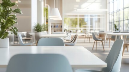 Bright Minimalist Office Interior With White Desks And Blue Chairs