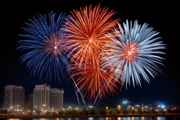 Colorful fireworks exploding over a cityscape at night
