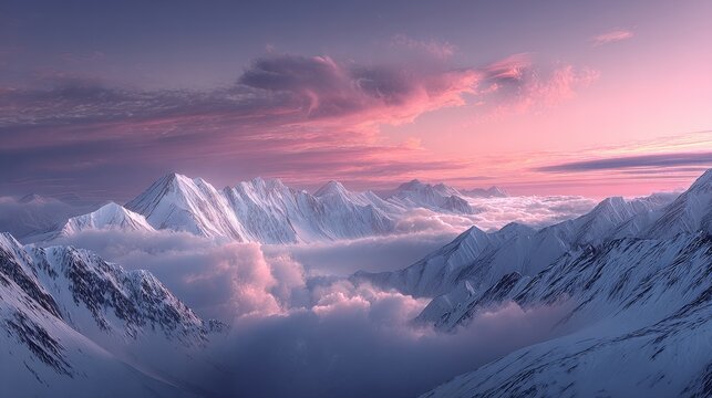 A stunning scene of snow-covered mountain peaks rises above a sea of clouds, bathed in a soft pink sunset glow. - Powered by Adobe