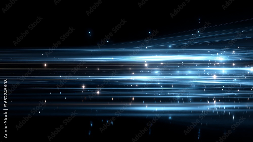 Poster abstract digital background with futuristic blue light streaks and scattered particles, creating a m