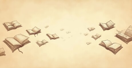 Floating books create a whimsical, imaginative atmosphere in a dreamlike setting with soft colors and sketch-like details