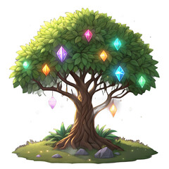 Magical tree with glowing gemstones and fantasy elements
