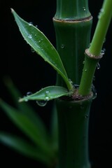 Close-up view of bamboo plants with droplets of water on leaves and stem in a natural setting during early morning hours