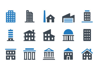 Vector icons of various buildings and architecture