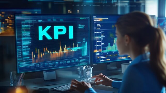 Businesswoman Analyzing Performance Metrics On Computer Screens At Night