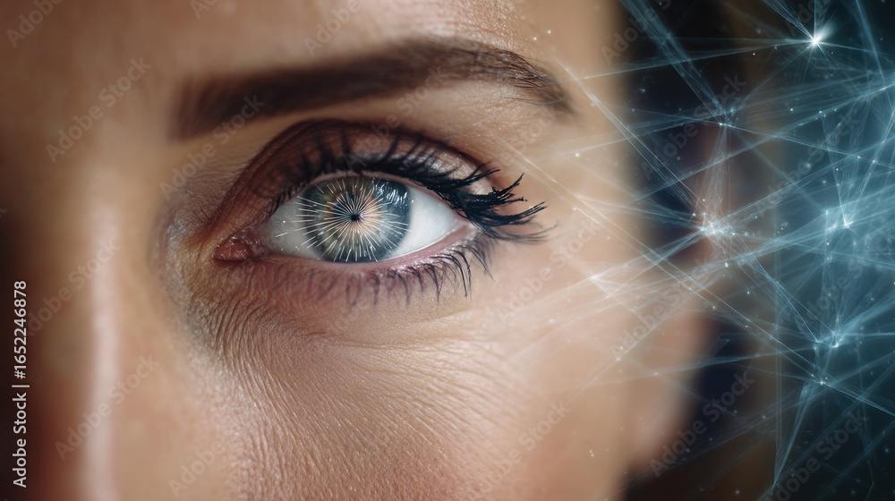 Poster close-up of a robot's eye with high-tech detailing, showcasing advanced sensors and glowing effects.