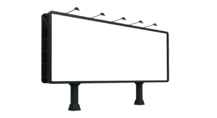Empty, modern, rectangular outdoor billboard with dark frame and support poles, isolated against a transparent studio background with copy space, concept for advertising potential
