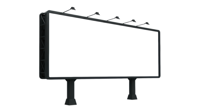 Empty, modern, rectangular outdoor billboard with dark frame and support poles, isolated against a transparent studio background with copy space, concept for advertising potential