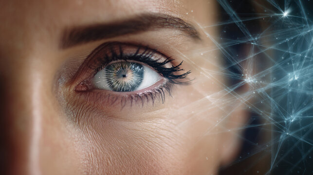 Close-up of a robot's eye with high-tech detailing, showcasing advanced sensors and glowing effects. Artificial Intelligence, Futuristic Digital Technology, Metaverse of Digital Intelligent World