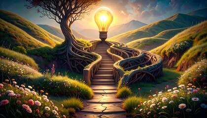 Serpentine stone stairs ascend a hillside, rooted by a tree, culminating in a glowing lightbulb
