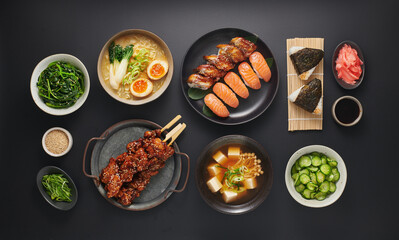 Japanese authentic food, asian cuisine, a set of assorted dishes top view, flat lay. Yakitori,...