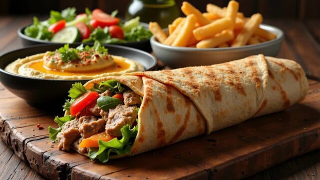 Delicious shawarma wrap being prepared with salad and fries for a tasty meal, perfect for food blogs and culinary promotions with fresh ingredients