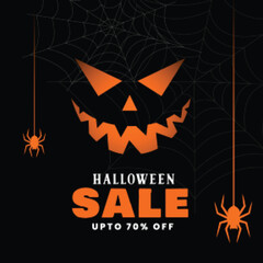 happy halloween sale black background with spiders and ghost face