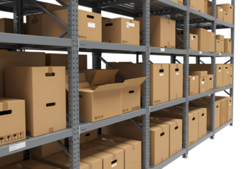 Organized Warehouse Inventory Cardboard Boxes on Metal Shelving Units isolated on transparent background