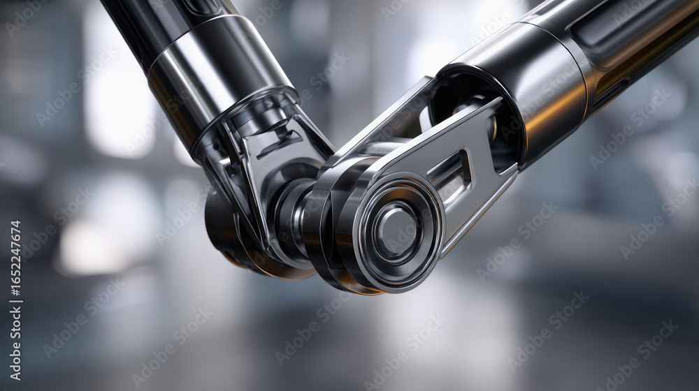 Poster close-up of a robot's joint mechanism, showing intricate details of its mechanical design and smooth