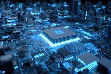 Close-up of a glowing central processing unit (CPU) on a complex circuit board, city lights in the background