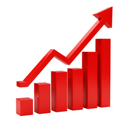 3d illustration of a red 3d bar graph with an upward arrow indicating growth and positive financial performance in business isolated on transparent background