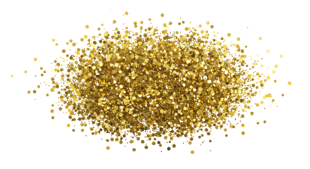 Gold, yellow, brown hexagonal glitter particles with metallic sheen on a transparent background with copy space, top-down view, bright diffused studio light. Concept of luxury celebration