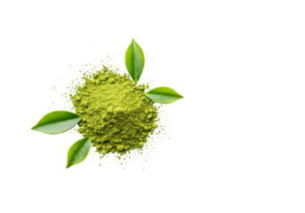 Vibrant green matcha tea powder heap with fresh tea leaves, pristine on a transparent background, flat lay macro shot with soft lighting, natural health concept.