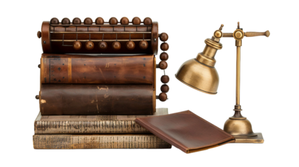 Classic Abacus with Leather Portfolios and Brass Tools on white background