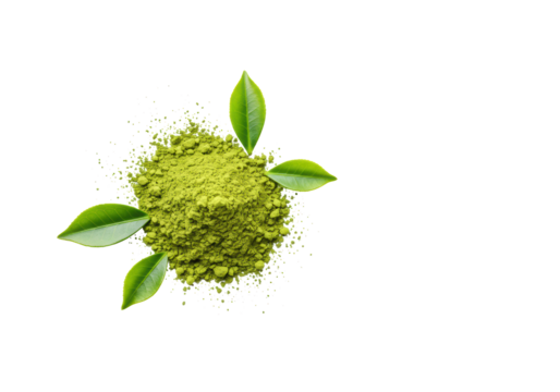Vibrant green matcha tea powder heap with fresh tea leaves, pristine on a transparent background, flat lay macro shot with soft lighting, natural health concept.