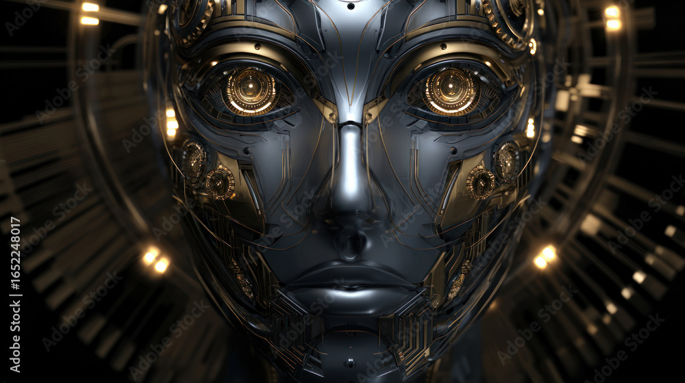 Poster close-up of a robot's faceplate with intricate mechanical details and glowing elements, futuristic d